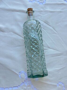 Vintage Knobler Spanish Glass Decanter Bottle with Cork Aqua Textured Vase